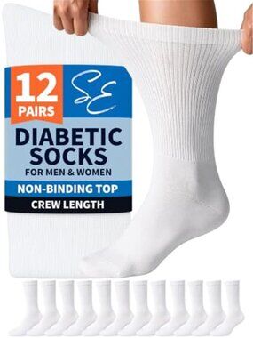 12Pair Diabetic Socks Mens Womens NonBinding Crew Wide Seamless Cushioned Cotton
